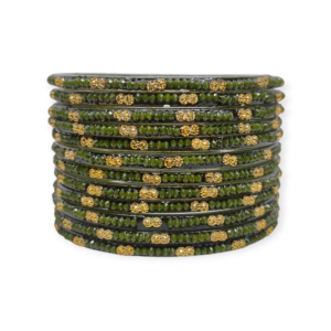 Fancy Beads Stud Glass Bangles, Pack of 12 Pieces, Mehndi Color