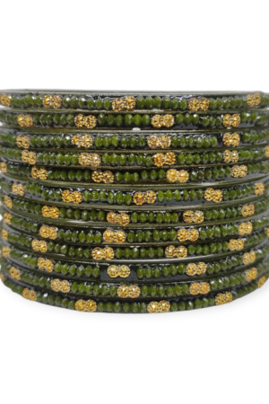 Fancy Beads Stud Glass Bangles, Pack of 12 Pieces, Mehndi Color