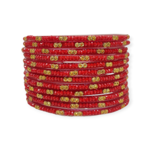 Fancy Beads Stud Glass Bangles, Pack of 12 Pieces, Red Color