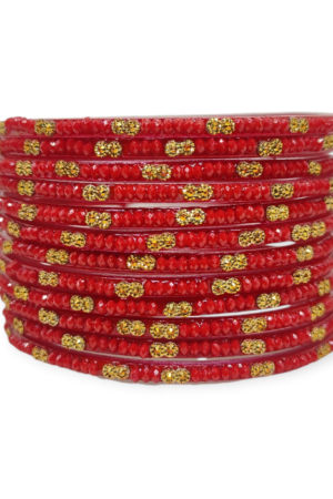 Fancy Beads Stud Glass Bangles, Pack of 12 Pieces, Red Color