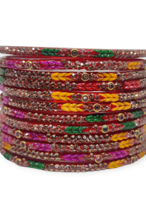 Fancy Stone Stud Glass Bangles, Pack of 12 Pieces, Multi Color