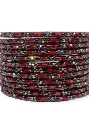 Fancy Stone Stud Glass Bangles, Pack of 12 Pieces, Maroon Color