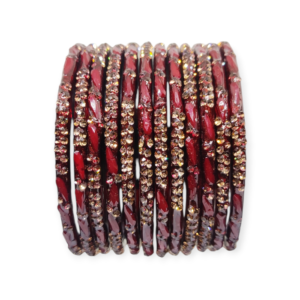 Fancy Stone Stud Glass Bangles, Pack of 12 Pieces, Maroon Color