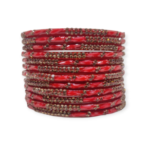 Fancy Stone Stud Glass Bangles, Pack of 12 Pieces, Red Color
