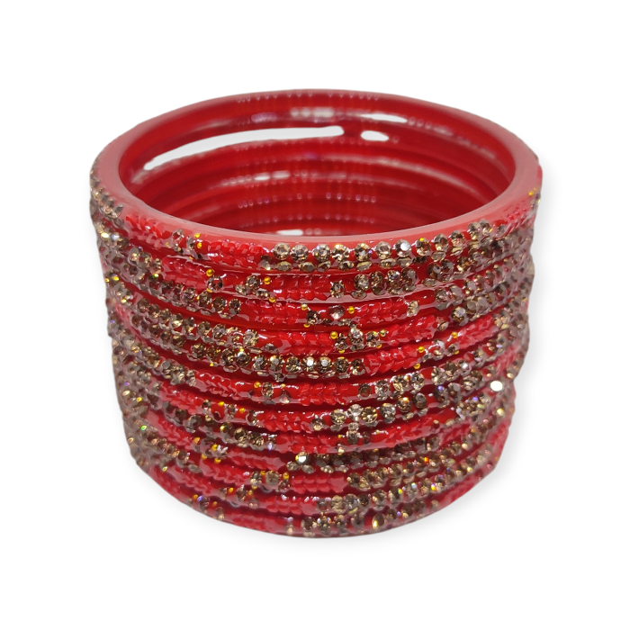Fancy Stone Stud Glass Bangles, Pack of 12 Pieces, Red Color 3 Fancy Stone Stud Glass Bangles, Pack of 12 Pieces, Red Color - Image 3