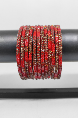 Fancy Stone Stud Glass Bangles, Pack of 12 Pieces, Red Color