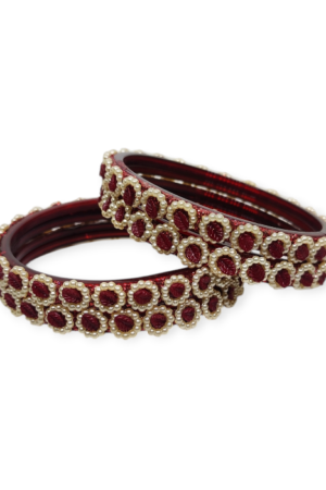 Fancy Beads Stud Glass Kangan, Pack of 4 Pieces, Maroon Color