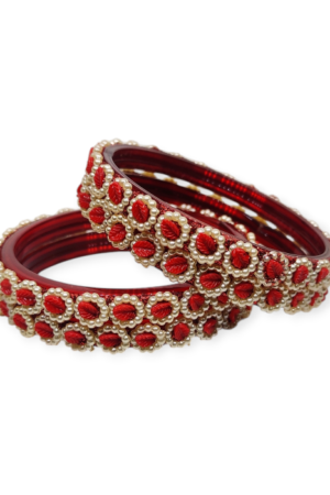 Fancy Beads Stud Glass Kangan, Pack of 4 Pieces, Red Color