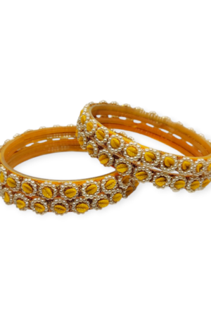 Fancy Beads Stud Glass Kangan, Pack of 4 Pieces, Yellow Color