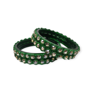 Fancy Beads and Stone Stud Glass Kangan, Pack of 4 Pieces, Green Color