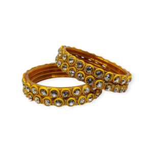 Fancy Beads and Stone Stud Glass Kangan, Pack of 4 Pieces, Mango Color