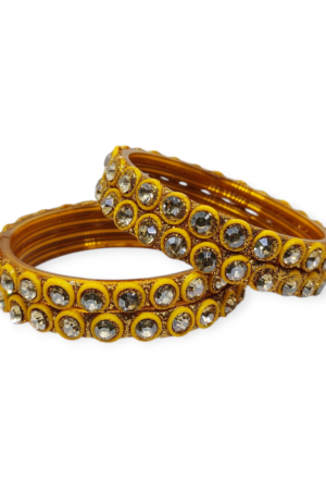 Fancy Beads and Stone Stud Glass Kangan, Pack of 4 Pieces, Mango Color