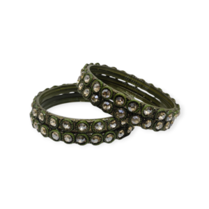Fancy Beads and Stone Stud Glass Kangan, Pack of 4 Pieces, Mehndi Color