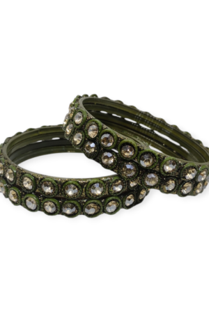 Fancy Beads and Stone Stud Glass Kangan, Pack of 4 Pieces, Mehndi Color