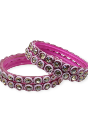 Fancy Beads and Stone Stud Glass Kangan, Pack of 4 Pieces, Pink Color