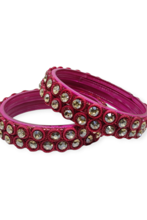 Fancy Beads and Stone Stud Glass Kangan, Pack of 4 Pieces, Strawberry Color