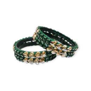 Fancy Beads and Stone Stud Glass Kangan, Pack of 4 Pieces, Green Color