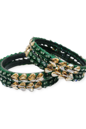 Fancy Beads and Stone Stud Glass Kangan, Pack of 4 Pieces, Green Color