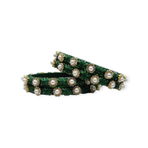 Fancy Beads and Stone Stud Glass Kangan, Pack of 4 Pieces, Green Color