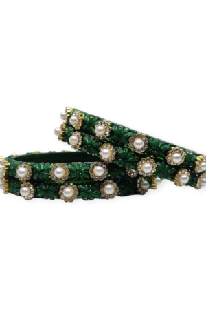 Fancy Beads and Stone Stud Glass Kangan, Pack of 4 Pieces, Green Color