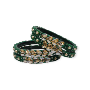 Fancy Beads and Stone Stud Glass Kangan, Pack of 4 Pieces, Green Color