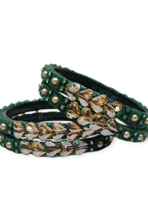 Fancy Beads and Stone Stud Glass Kangan, Pack of 4 Pieces, Green Color