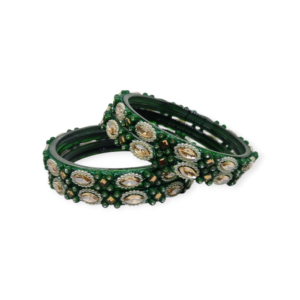 Fancy Beads and Stone Stud Glass Kangan, Pack of 4 Pieces, Green Color