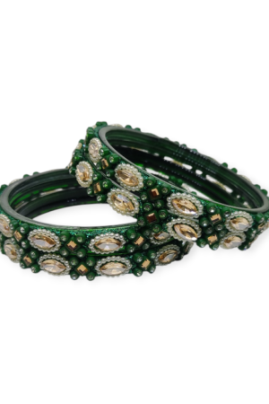 Fancy Beads and Stone Stud Glass Kangan, Pack of 4 Pieces, Green Color