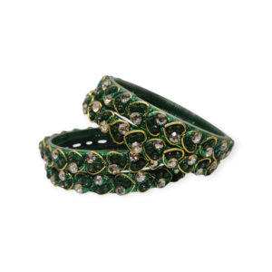 Fancy Beads and Stone Stud Glass Kangan, Pack of 4 Pieces, Green Color