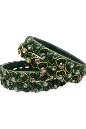 Fancy Beads and Stone Stud Glass Kangan, Pack of 4 Pieces, Green Color