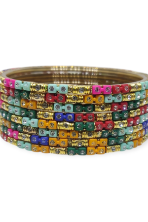 Fancy Stone Stud Glass Bangles, Pack of 8 Pieces, Multi Color