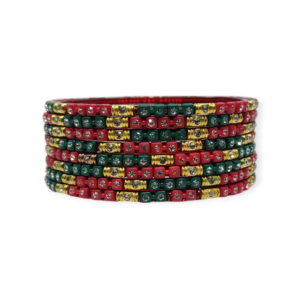 Fancy Stone Stud Glass Bangles, Pack of 8 Pieces, Red-Green Color