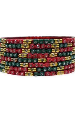 Fancy Stone Stud Glass Bangles, Pack of 8 Pieces, Red-Green Color