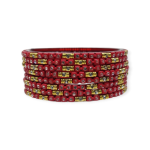 Fancy Stone Stud Glass Bangles, Pack of 8 Pieces, Red Color