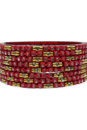 Fancy Stone Stud Glass Bangles, Pack of 8 Pieces, Red Color