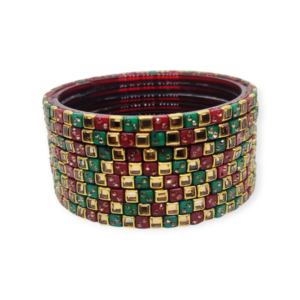 Fancy Stone Stud Glass Bangles, Pack of 8 Pieces, Maroon-Green Color