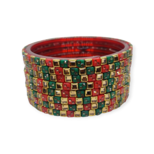 Fancy Stone Stud Glass Bangles, Pack of 8 Pieces, Red-Green Color
