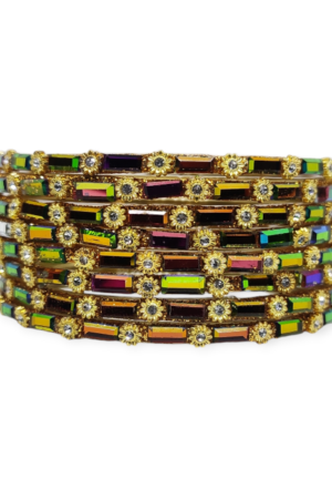 Fancy Stone and Beads Stud Glass Bangles, Pack of 8 Pieces, Rainbow Multi Color