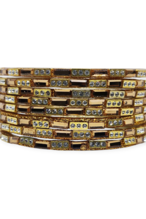 Fancy Stone & Beads Stud Glass Bangles, Pack of 8 Pieces, Golden Color