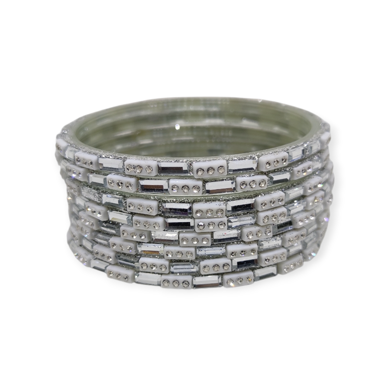 Fancy Stone & Beads Stud Glass Bangles, Pack of 8 Pieces, Silver Color 3 Fancy Stone & Beads Stud Glass Bangles, Pack of 8 Pieces, Silver Color - Image 3