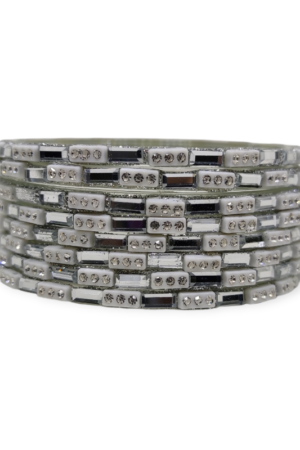 Fancy Stone & Beads Stud Glass Bangles, Pack of 8 Pieces, Silver Color