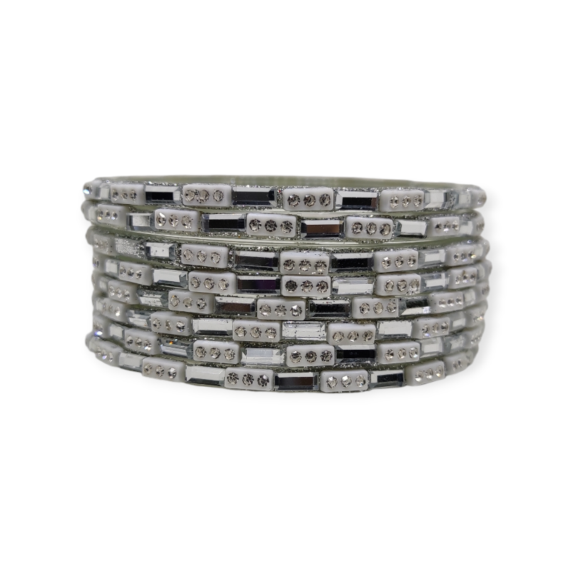Fancy Stone & Beads Stud Glass Bangles, Pack of 8 Pieces, Silver Color 1 Fancy Stone & Beads Stud Glass Bangles, Pack of 8 Pieces, Silver Color