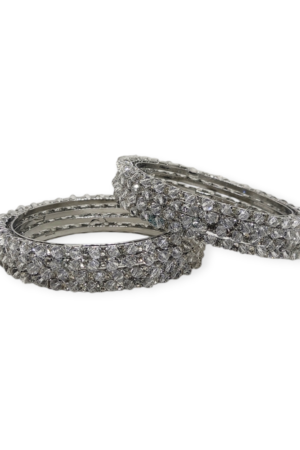 Stone and Crystal Stud Metal Bangles, Set of 8 Pieces, Silver Tone