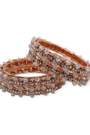 Stone and Crystal Stud Metal Bangles, Set of 4 Pieces, Rose Gold Color