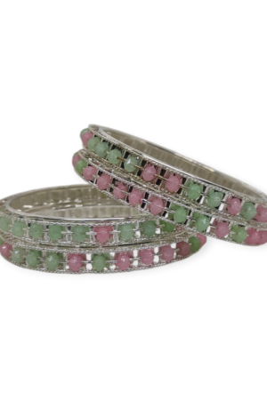 Beads Stud Metal Bangle/Kangan, Set of 4 Pieces, Silver Tone, Light Multi Color