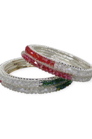 Beads Stud Metal Bangle/Kangan, Set of 4 Pieces, Silver Tone, Light Multi Color