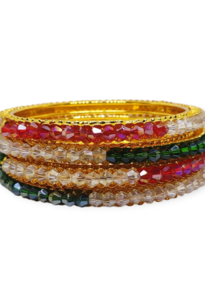 Beads Stud Metal Bangle/Kangan, Set of 4 Pieces, Gold Tone, Light Multi Color