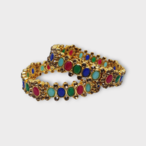 Mazak Metal Bangle/Kangan, Pack of 1 Pair (2 Pieces), Gold Tone, Multi Color