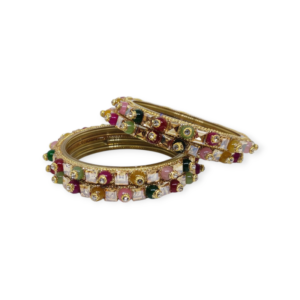 Fancy Beads and Stone Stud Glass Kangan, Pack of 4 Pieces, Multi Color