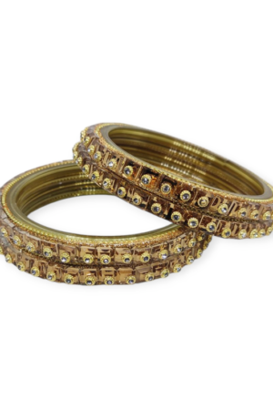 Fancy Beads and Stone Stud Glass Kangan, Pack of 4 Pieces, Golden Color